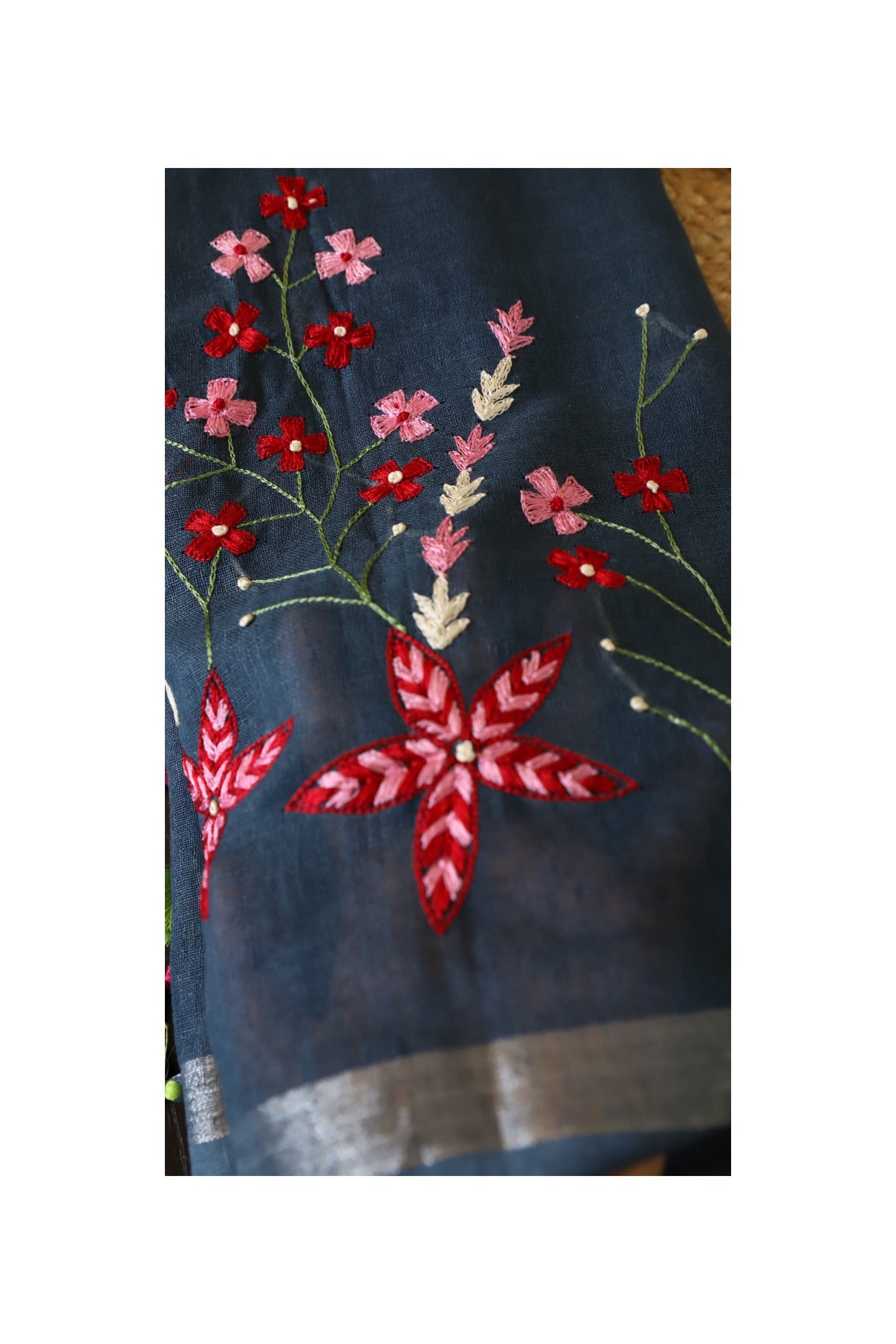 Grey linen embroidered Saree