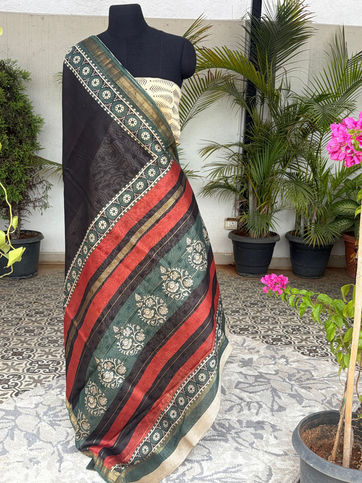 Black Maheshwari block print saree