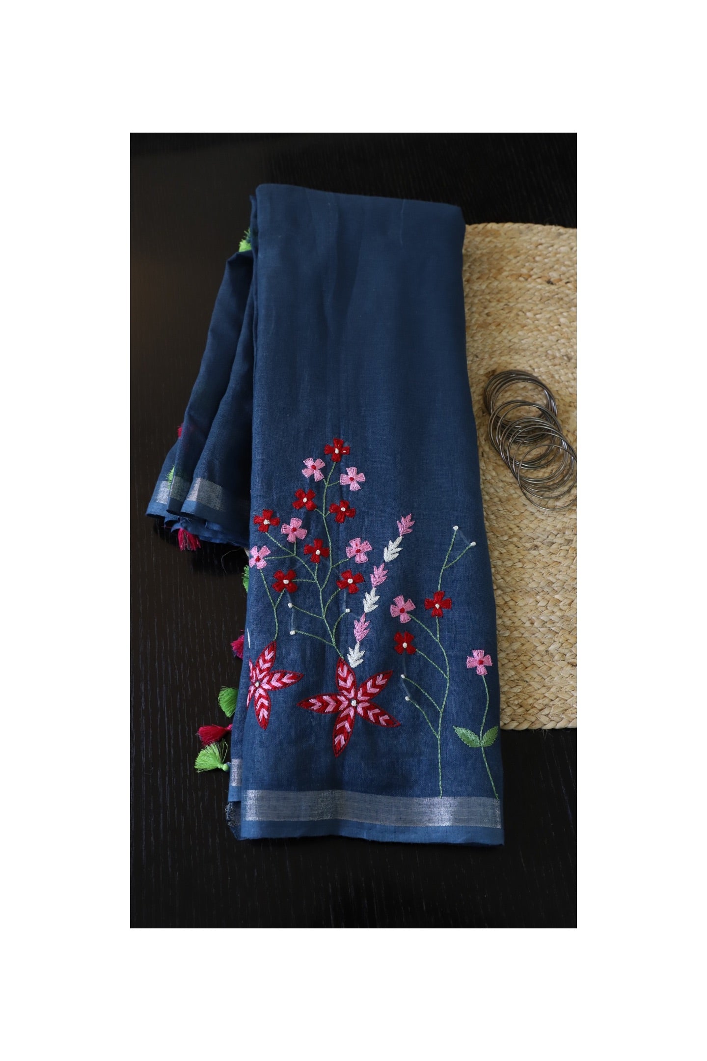 Grey linen embroidered Saree