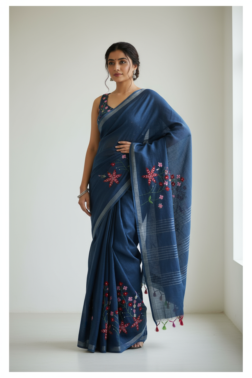 Grey linen embroidered Saree