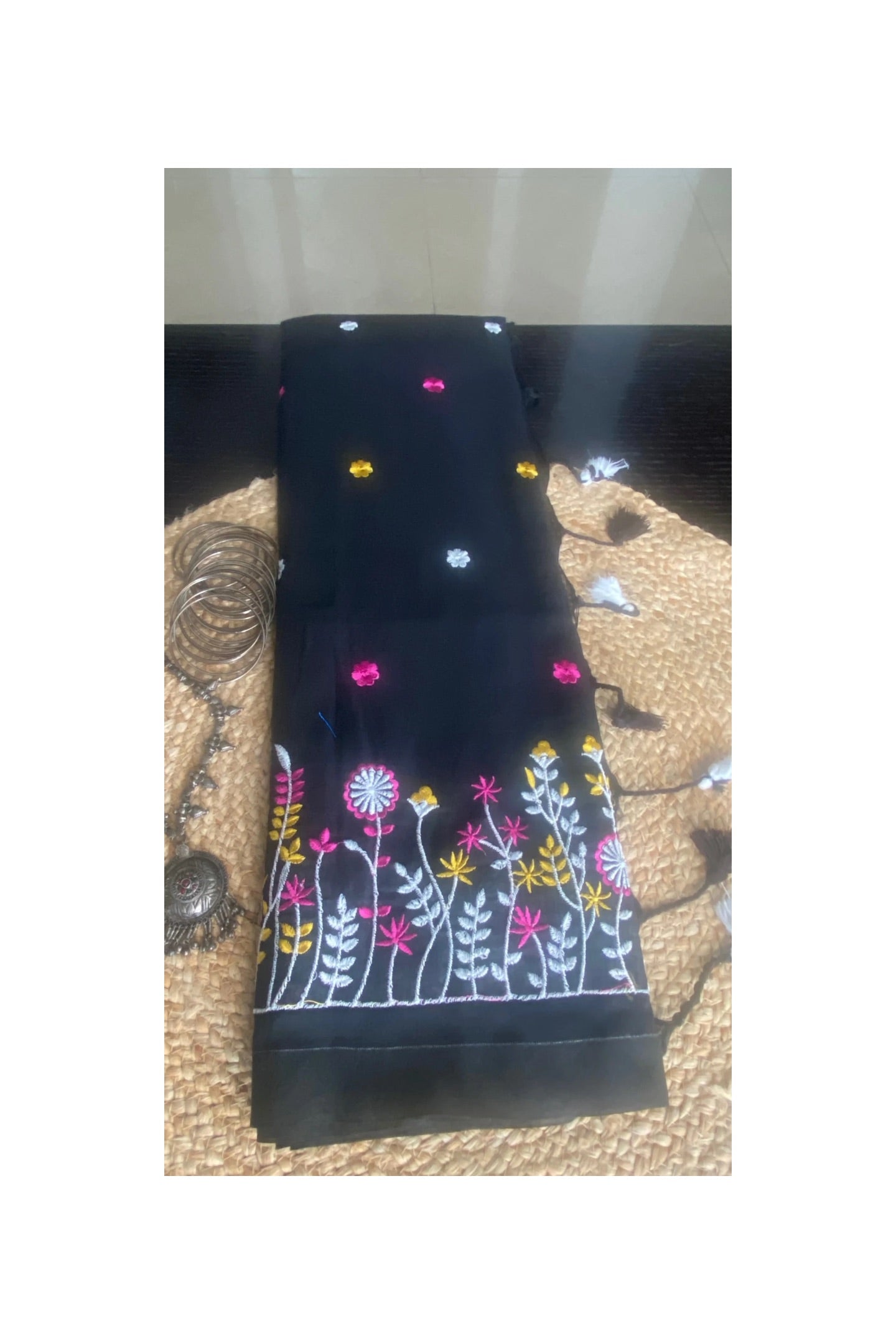 Black Embroidered Mull Cotton Saree
