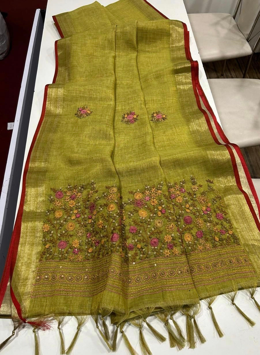 Mehendi green embroidered linen saree