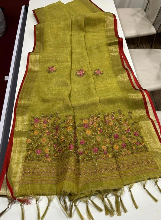 Mehendi green embroidered linen saree
