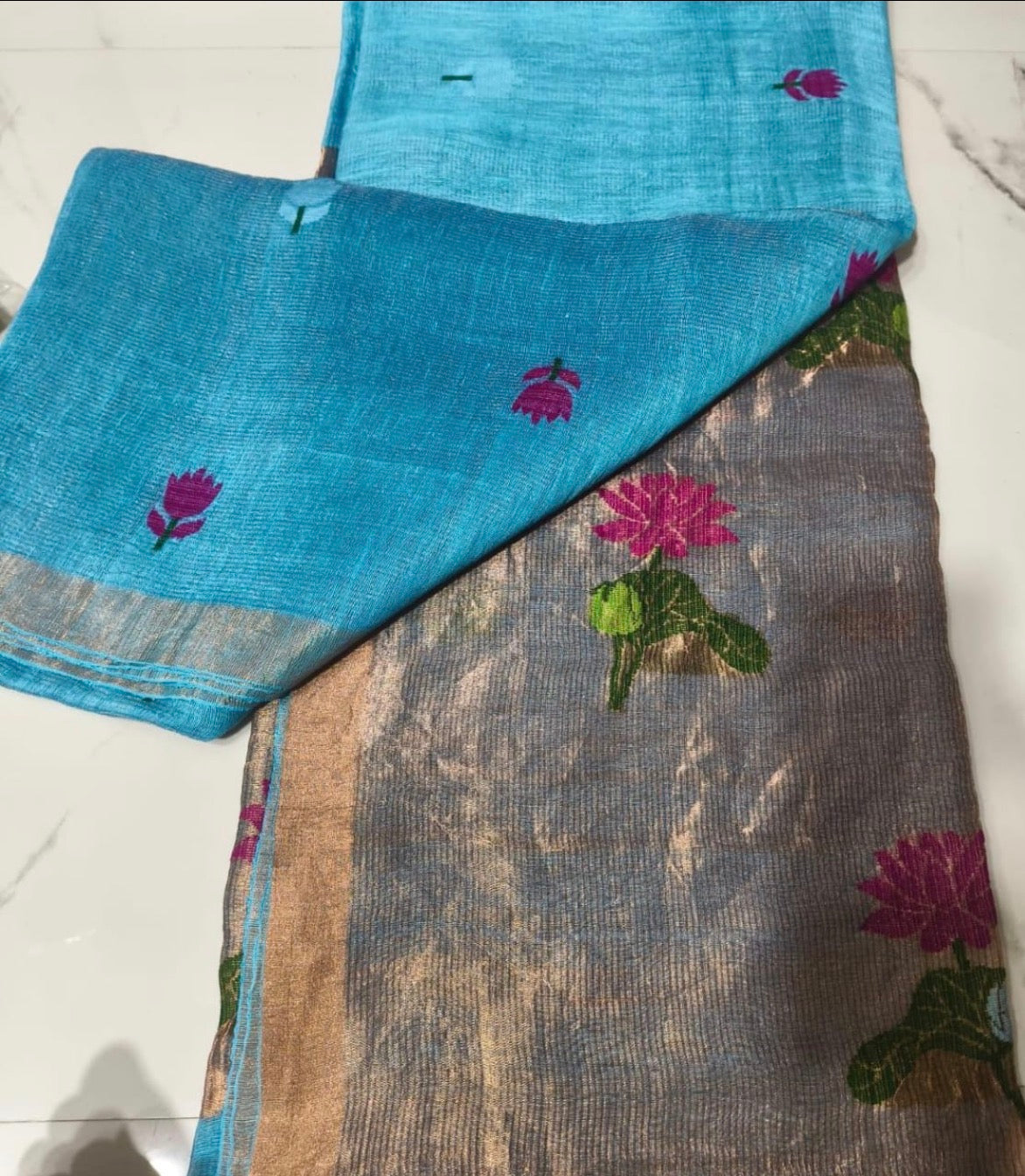 Blue silk tissue linen jamdani saree