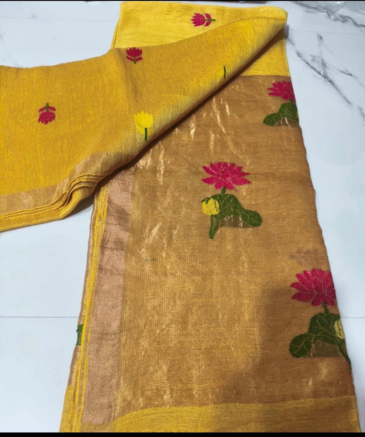 Yellow silk tissue linen jamdani saree