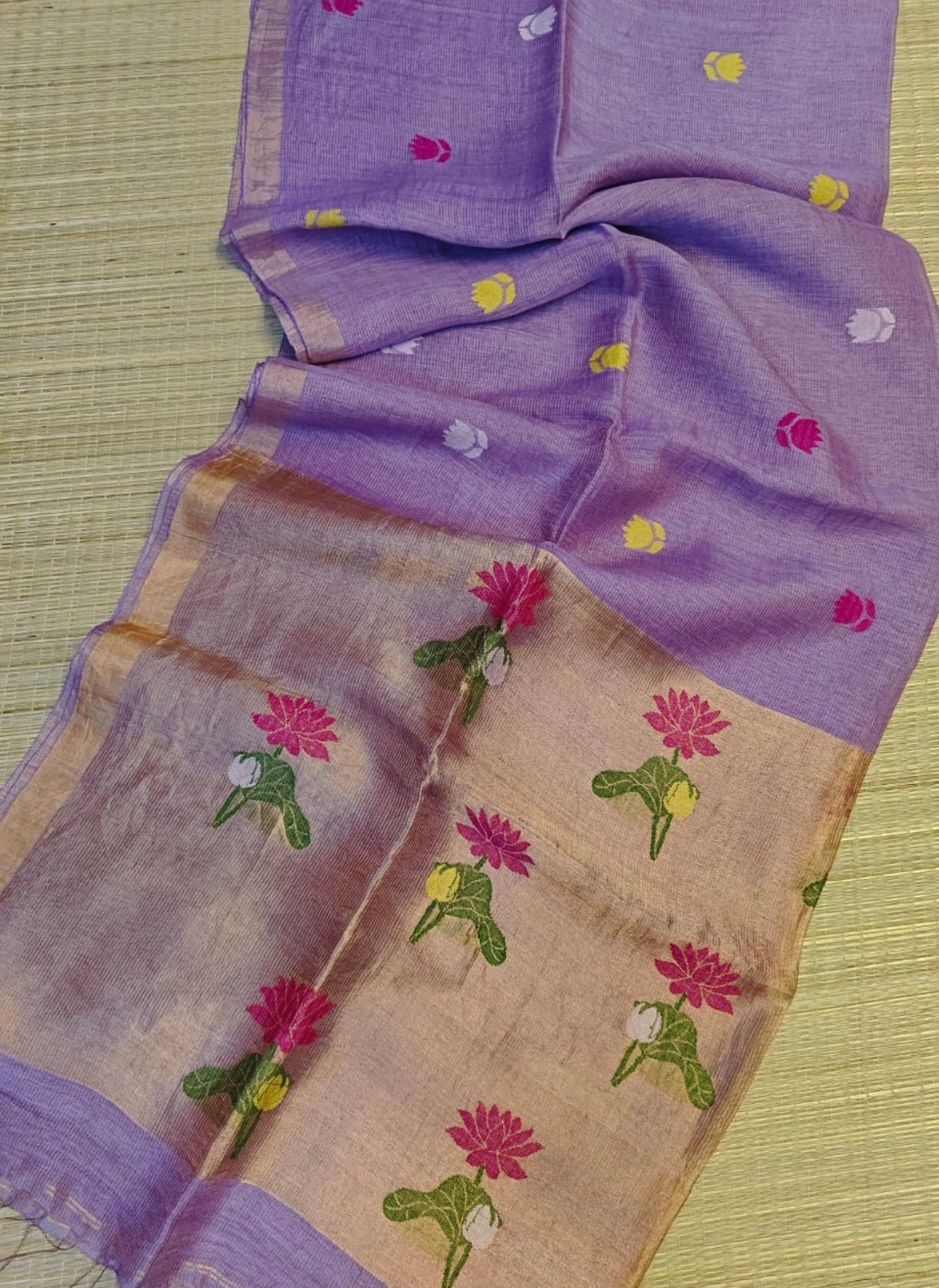 Lavender silk tissue linen jamdani saree