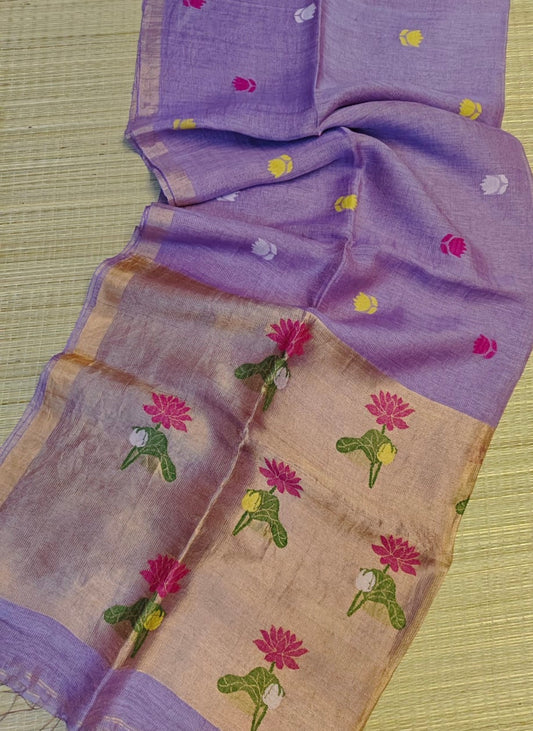 Lavender silk tissue linen jamdani saree