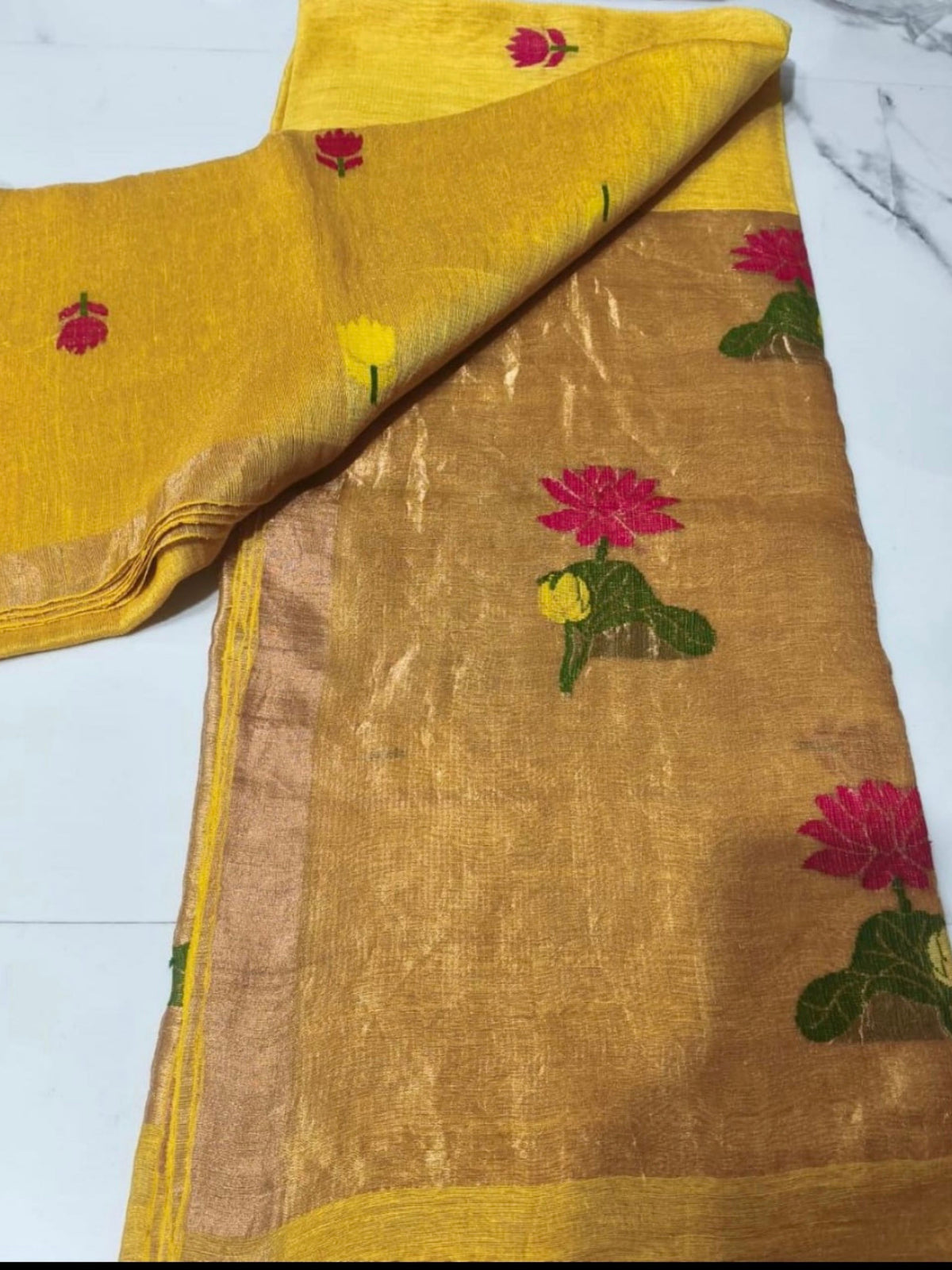 Yellow silk tissue linen jamdani saree